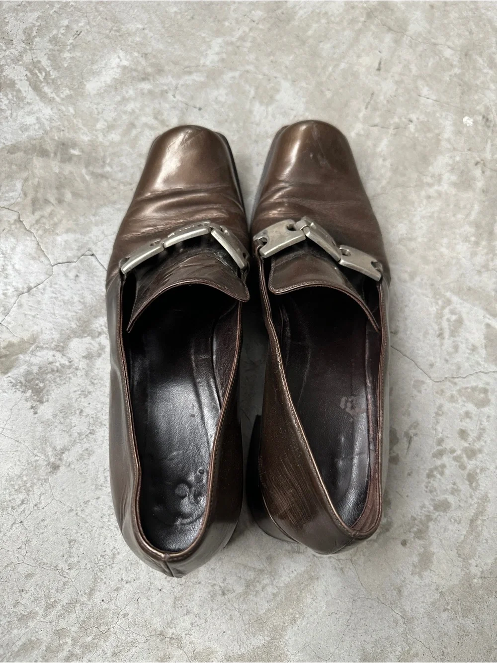 90’s Vintage Prada loafers 38 copper brown block heel square toe silver hardware
